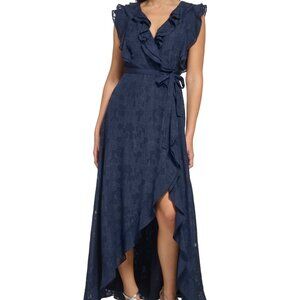 Dkny Women's Flutter-Sleeve Ruffle-Front Tie-Waist Gown - Spring Navy